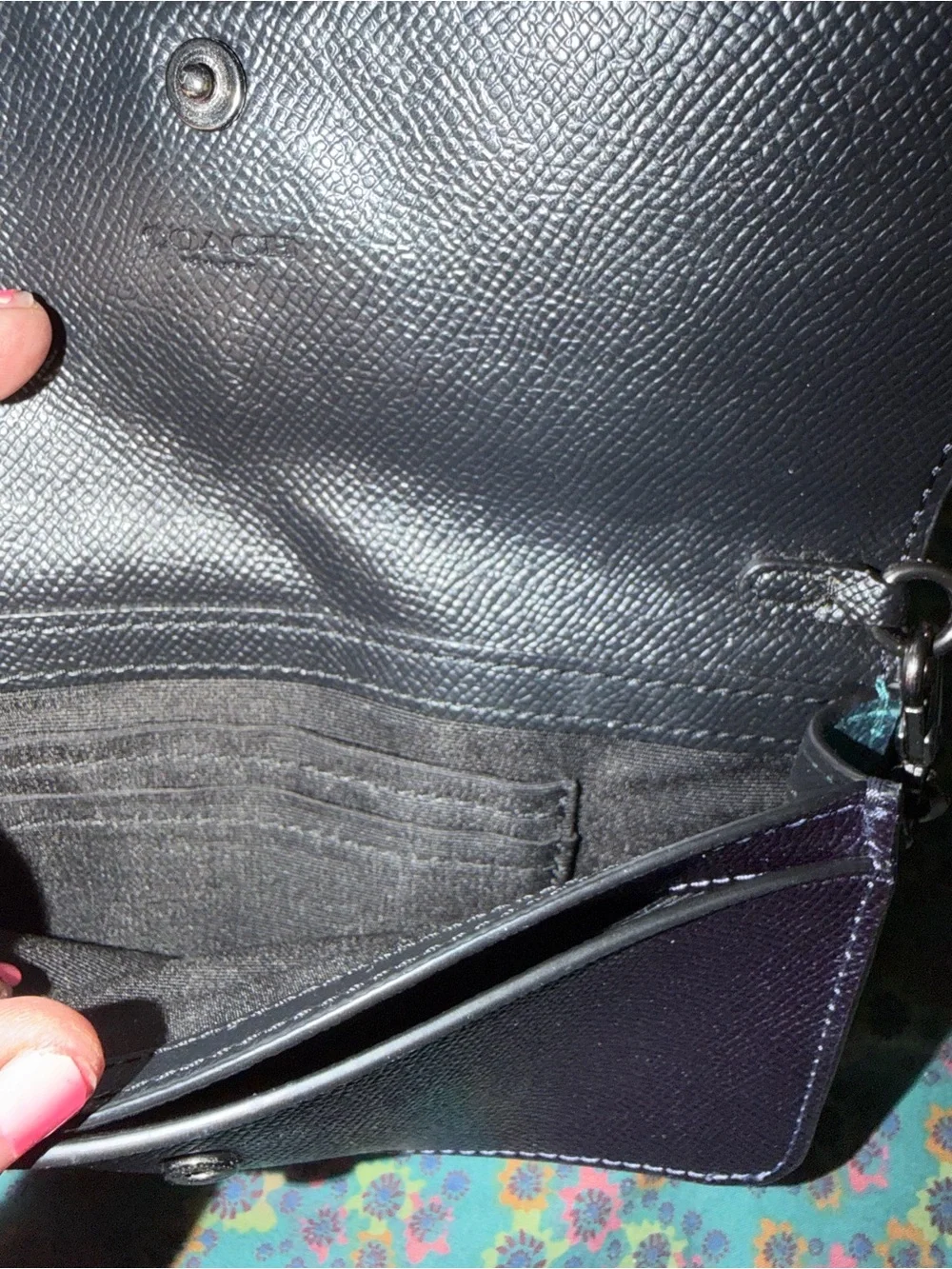 Coach navy blue metallic Pebbled Leather Crossbody with Gunmetal Chain